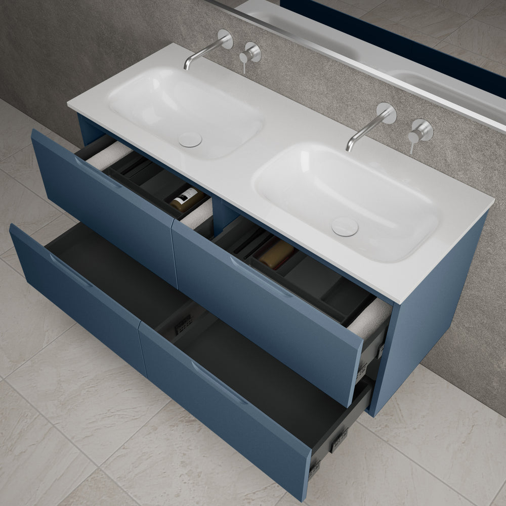 Tasca Four Drawer Vanity Unit With Beyondstone Double Basin - Matt Navy 1200mm