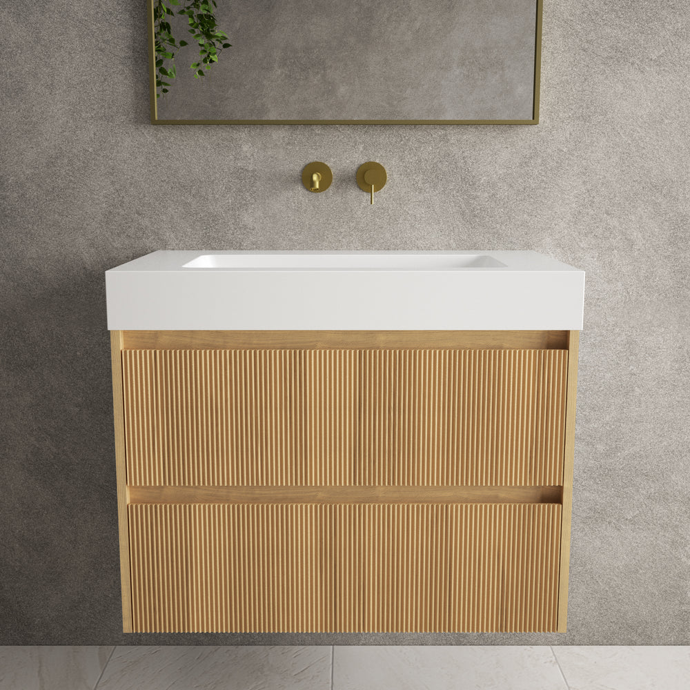 Scanalato Double Drawer Vanity Unit  With Beyondstone BLOC Basin - Oak 800mm