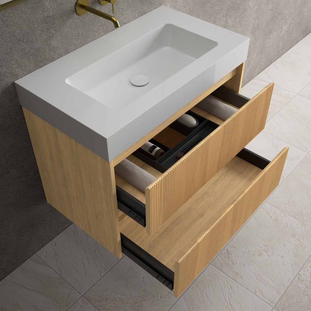 Scanalato Double Drawer Vanity Unit  With Beyondstone BLOC Basin - Oak 800mm