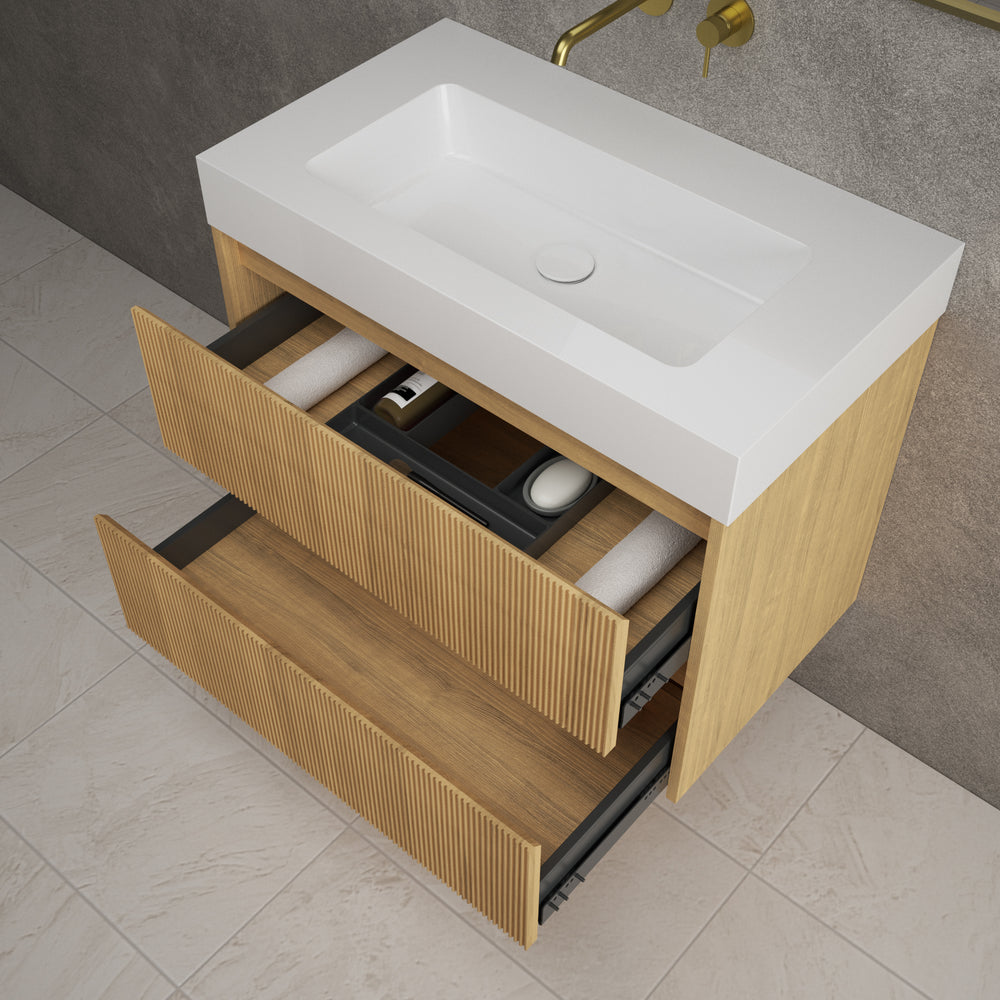 Scanalato Double Drawer Vanity Unit  With Beyondstone BLOC Basin - Oak 800mm