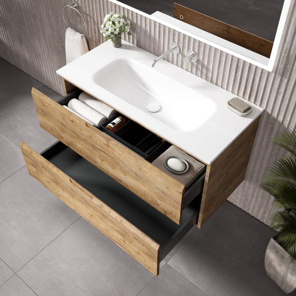 Tasca Two Drawer Vanity Unit  With Beyondstone Basin - Oak 1000mm