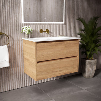 GSI Pura Bevel Double Drawer Vanity Unit With Ceramic Basin - Oak 800mm