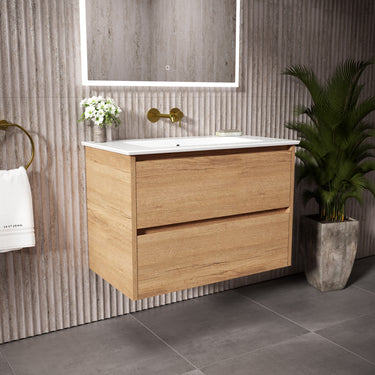 GSI Pura Bevel Double Drawer Vanity Unit With Ceramic Basin - Oak 800mm