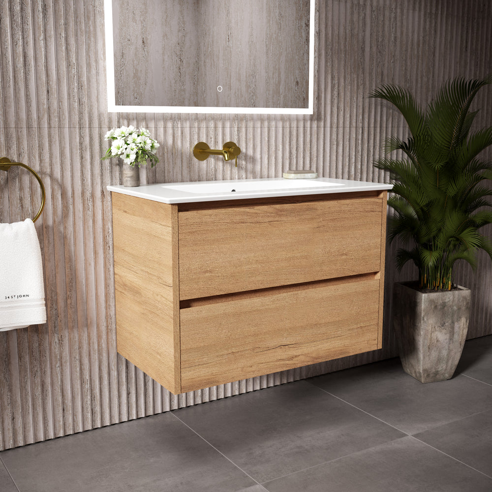 GSI Pura Bevel Double Drawer Vanity Unit With Ceramic Basin - Oak 800mm