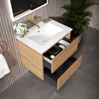 GSI Pura Bevel Double Drawer Vanity Unit With Ceramic Basin - Oak (Pacific Walnut) 600mm