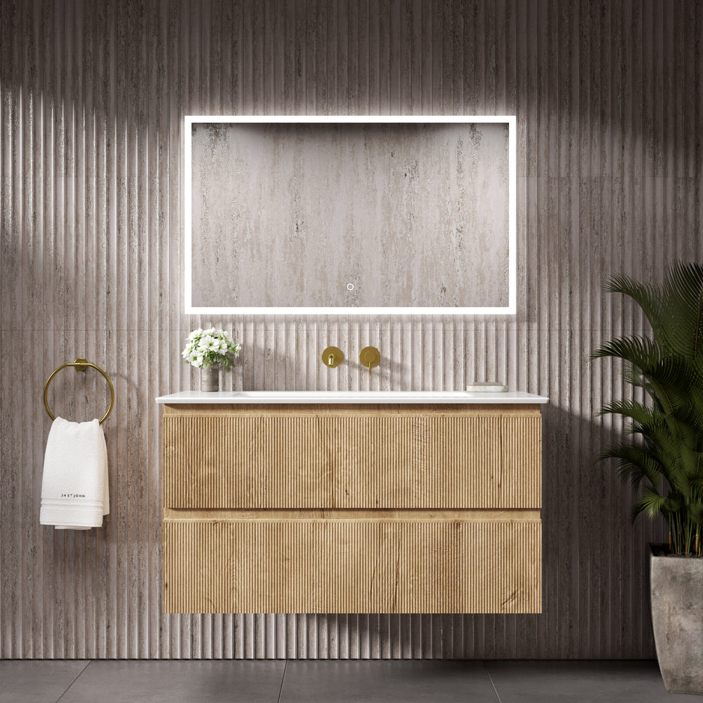 GSI Pura Ribbed Double Drawer Vanity Unit With Ceramic Basin - Oak 1000mm