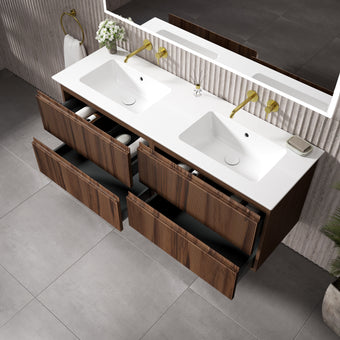 GSI Pura Ribbed Four Drawer Vanity Unit With Ceramic Double Basin - Walnut 1400mm