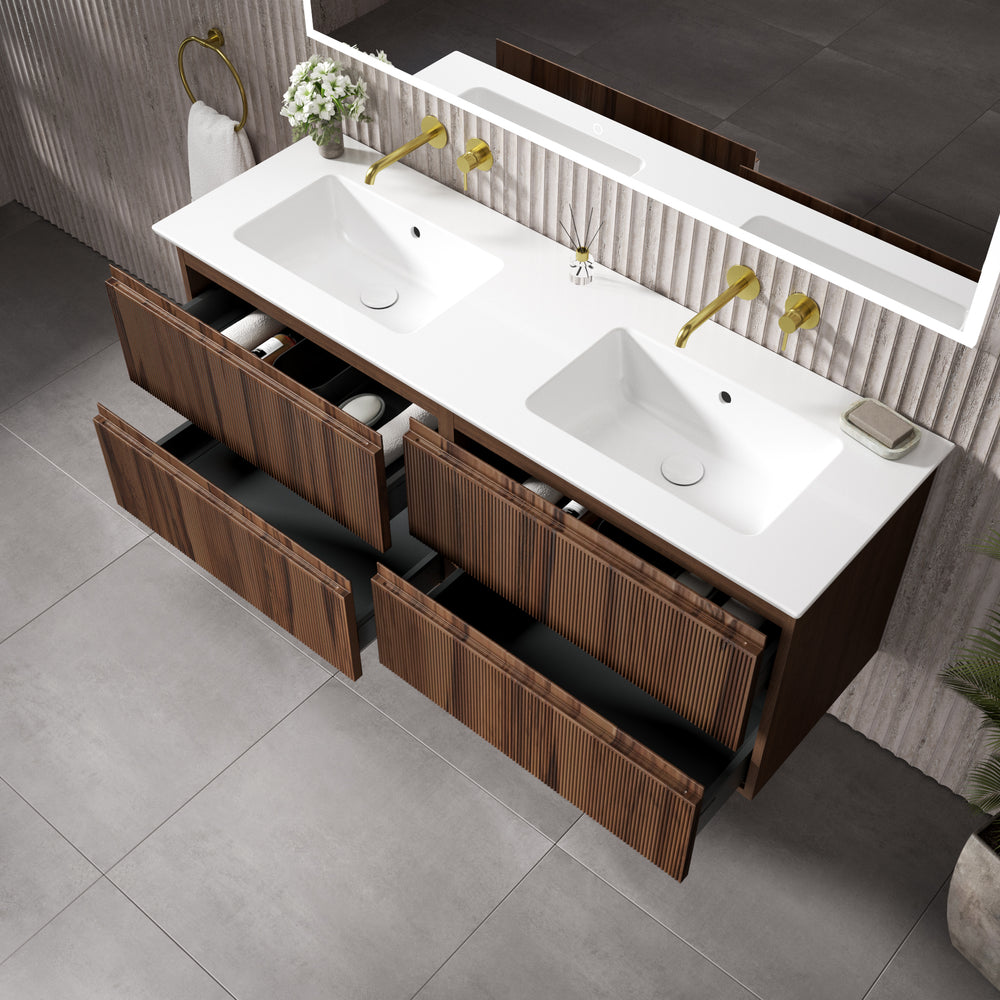 GSI Pura Ribbed Four Drawer Vanity Unit With Ceramic Double Basin - Walnut 1400mm