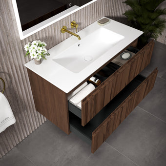GSI Pura Ribbed Double Drawer Vanity Unit With Ceramic Basin - Walnut 1000mm