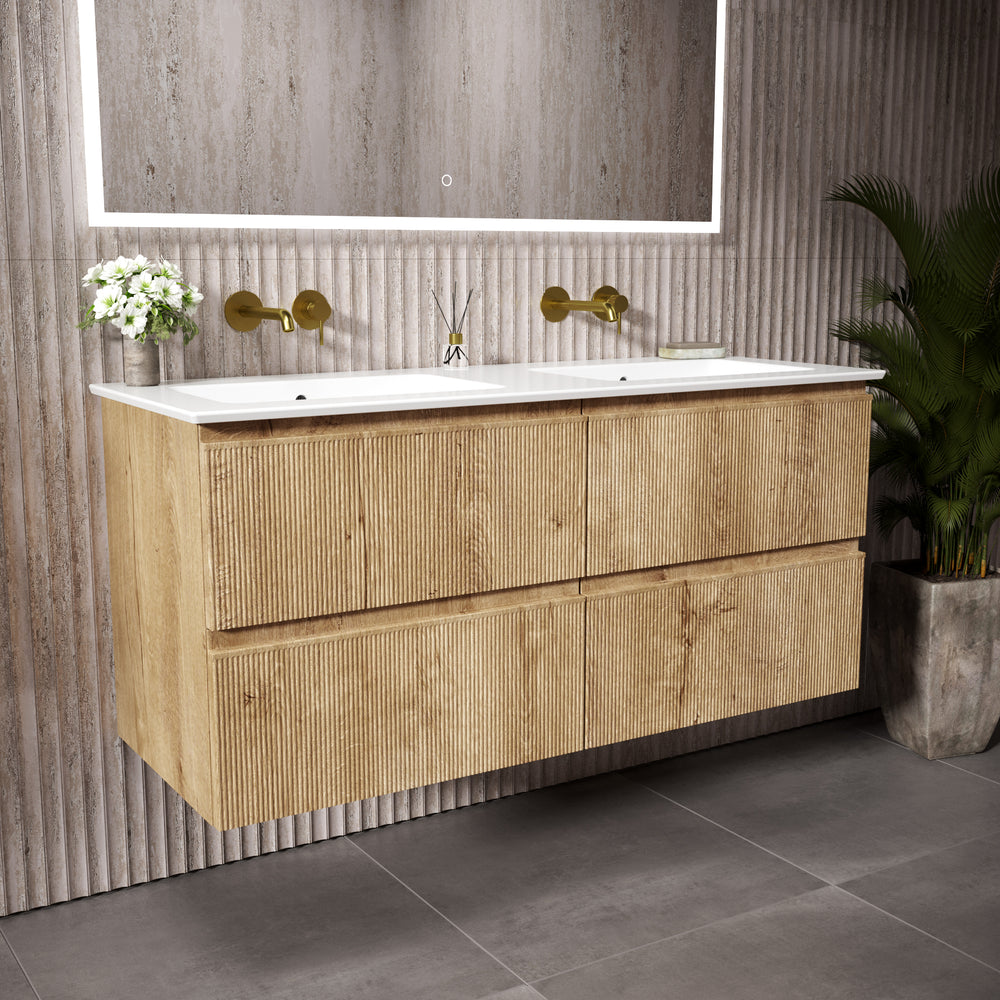 GSI Pura Ribbed Four Drawer Vanity Unit With Ceramic Double Basin - Oak 1200mm
