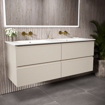 GSI Pura Ribbed Four Drawer Vanity Unit With Ceramic Double Basin - Cashmere 1400mm