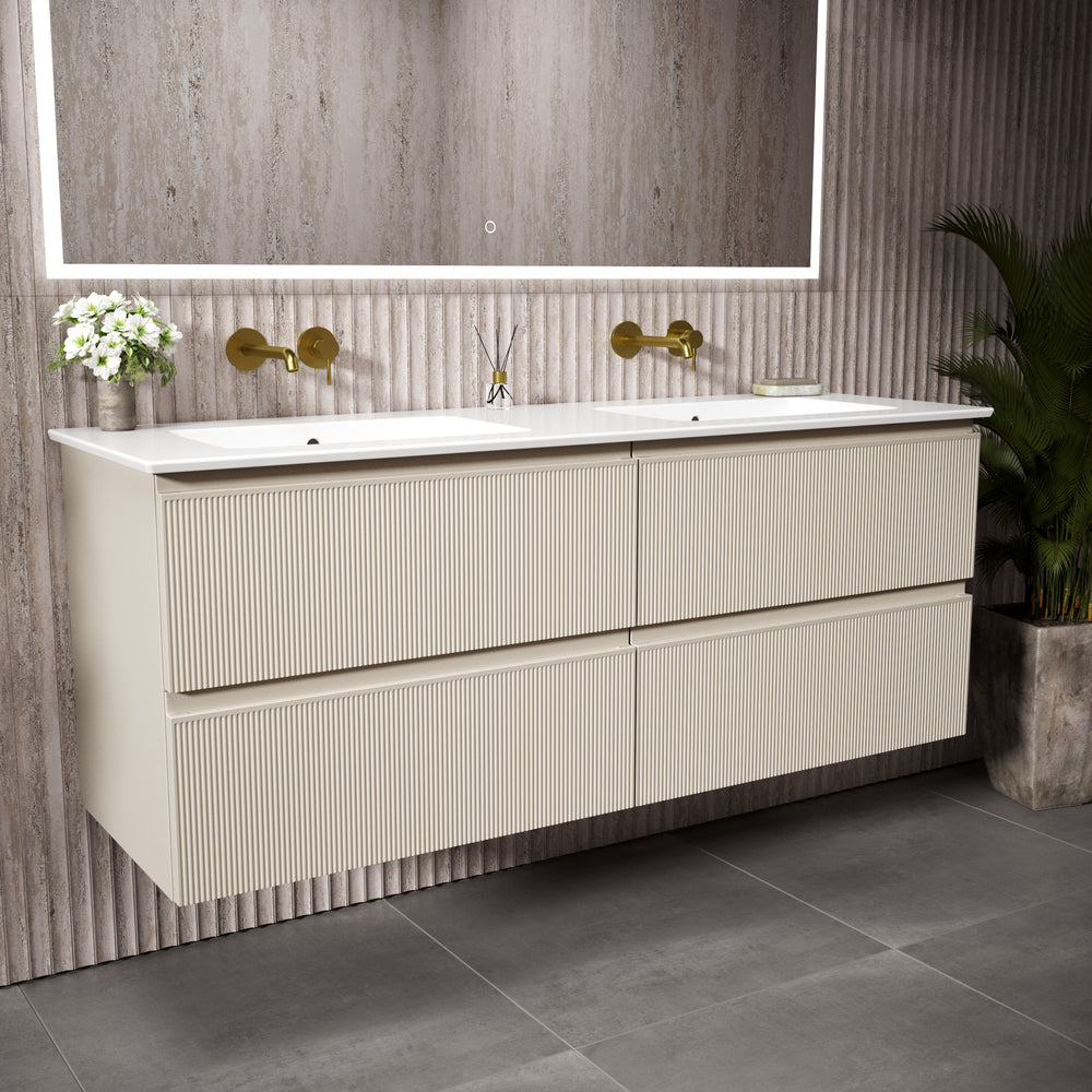 GSI Pura Ribbed Four Drawer Vanity Unit With Ceramic Double Basin - Cashmere (Oatmeal) 1400mm