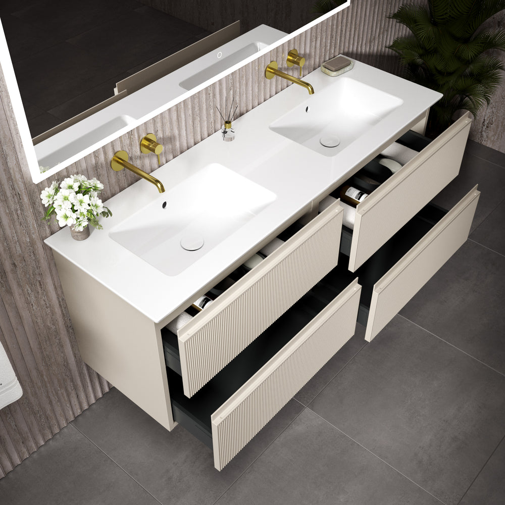 GSI Pura Ribbed Four Drawer Vanity Unit With Ceramic Double Basin - Cashmere (Oatmeal) 1400mm