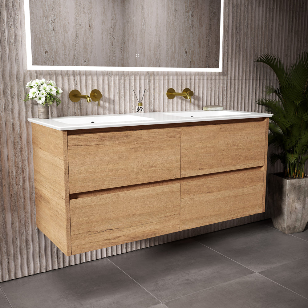 GSI Pura Bevel Four Drawer Vanity Unit With Ceramic Double Basin - Oak (Pacific Walnut) 1200mm