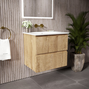 GSI Pura Ribbed Double Drawer Vanity Unit With Ceramic Basin - Oak 600mm