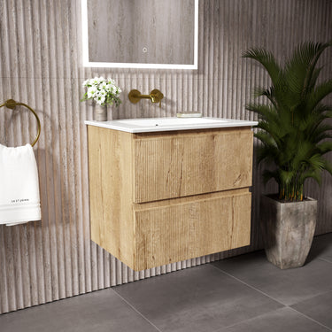 GSI Pura Ribbed Double Drawer Vanity Unit With Ceramic Basin - Oak 600mm