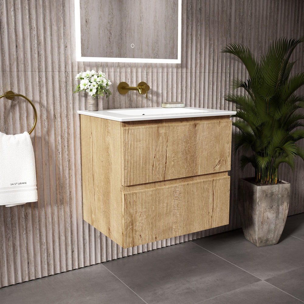 GSI Pura Ribbed Double Drawer Vanity Unit With Ceramic Basin - Oak 600mm