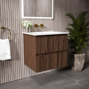 GSI Pura Ribbed Double Drawer Vanity Unit With Ceramic Basin - Walnut 600mm