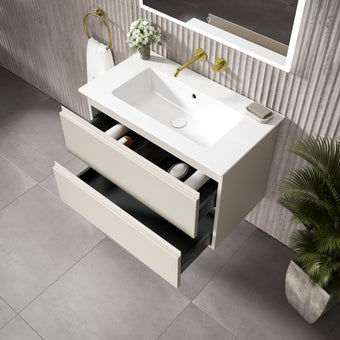 GSI Pura Ribbed Double Drawer Vanity Unit With Ceramic Basin - Cashmere 800mm
