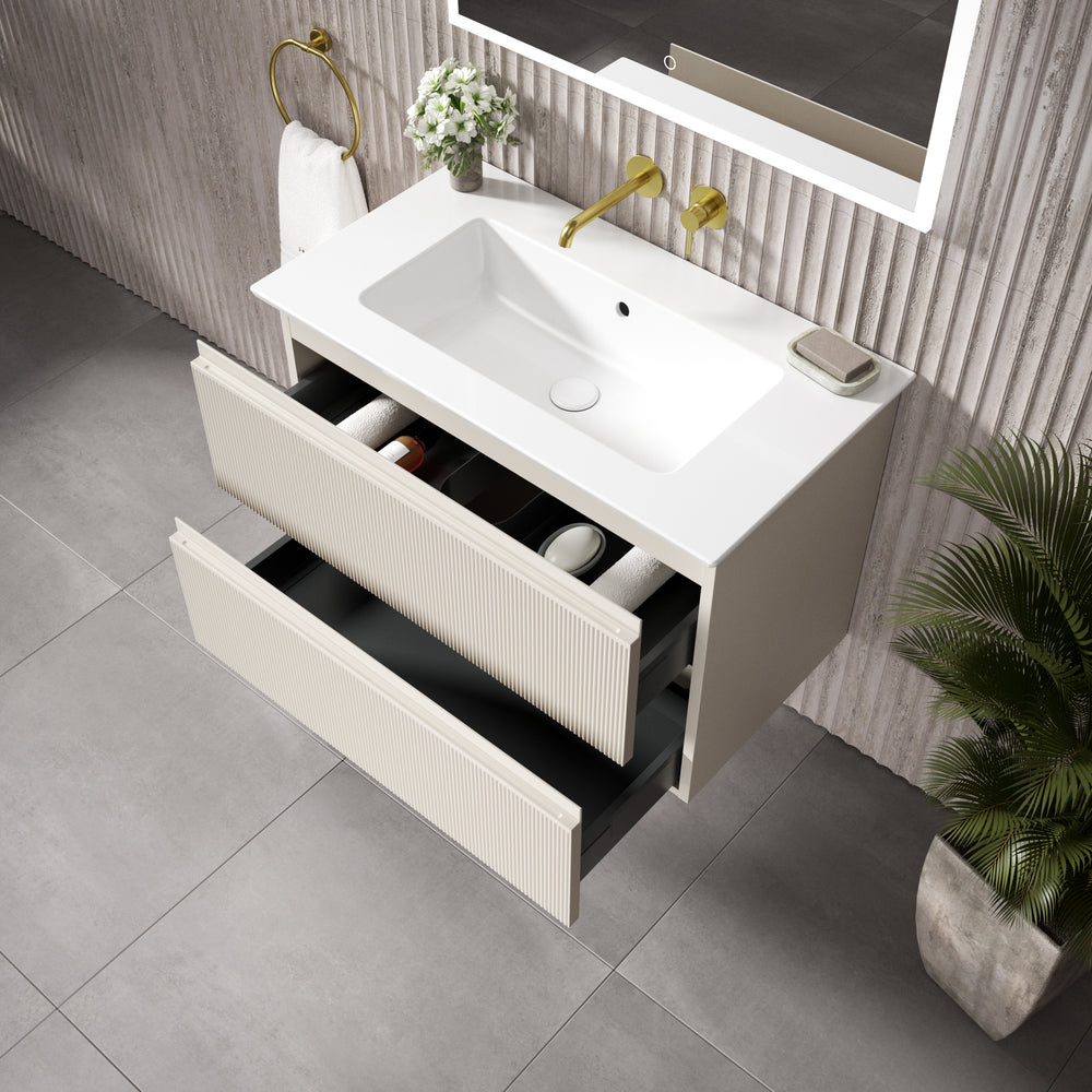 GSI Pura Ribbed Double Drawer Vanity Unit With Ceramic Basin - Cashmere 800mm