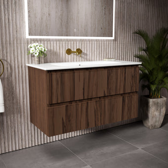 GSI Pura Ribbed Double Drawer Vanity Unit With Ceramic Basin - Walnut 1000mm