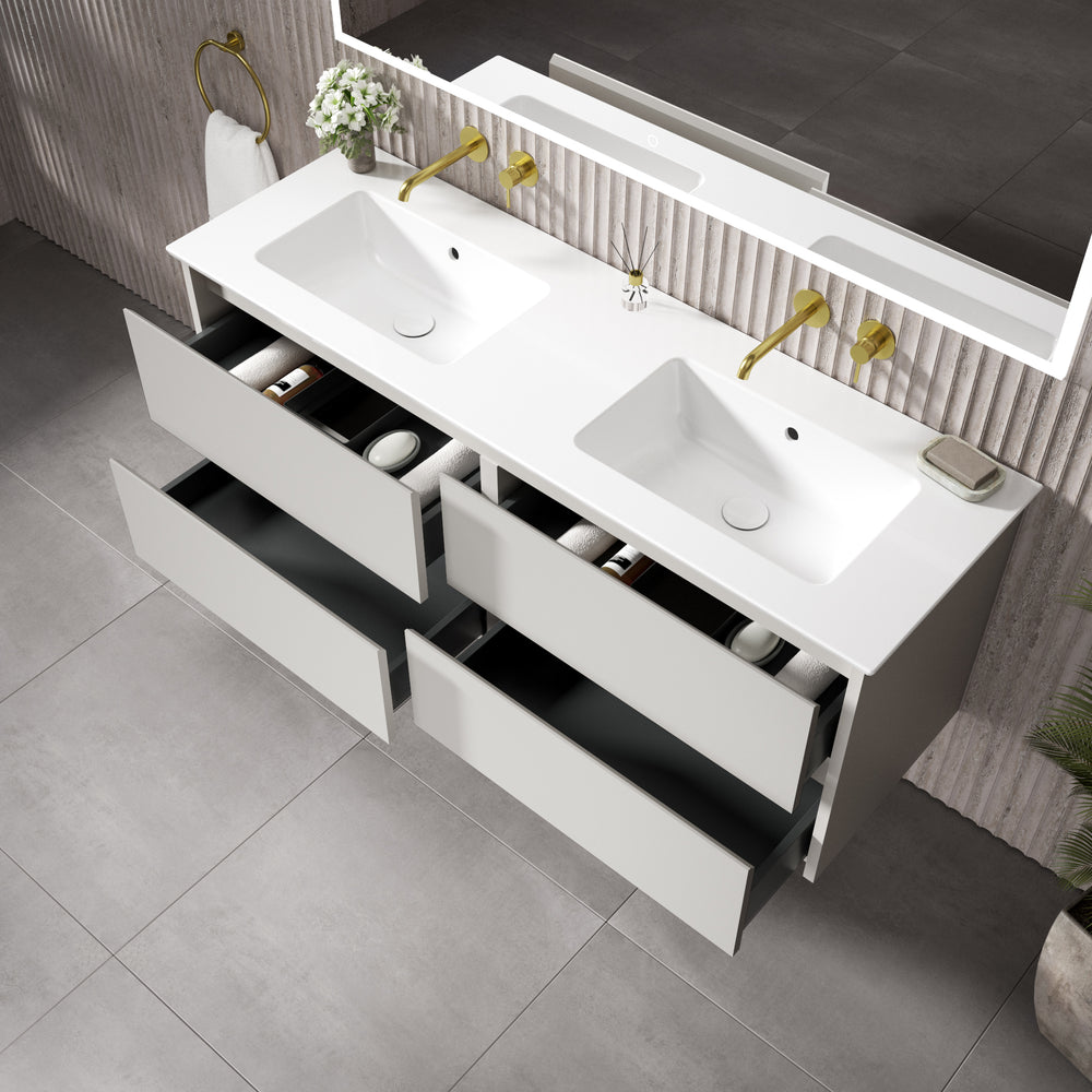 GSI Pura Bevel Four Drawer Vanity Unit With Ceramic Double Basin - Matt Grey 1400mm