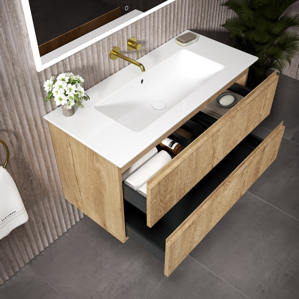 GSI Pura Ribbed Double Drawer Vanity Unit With Ceramic Basin - Oak 1000mm