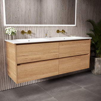GSI Pura Bevel Four Drawer Vanity Unit With Ceramic Double Basin - Oak 1400mm
