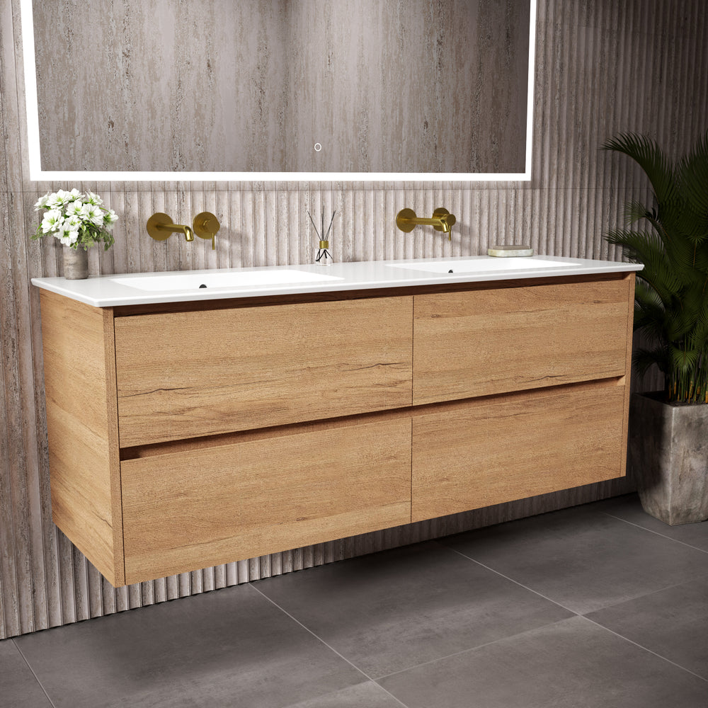GSI Pura Bevel Four Drawer Vanity Unit With Ceramic Double Basin - Oak (Pacific Walnut) 1400mm
