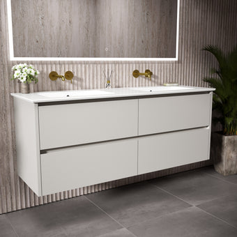 GSI Pura Bevel Four Drawer Vanity Unit With Ceramic Double Basin - Matt Grey 1400mm