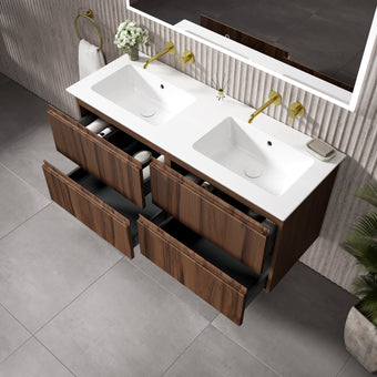 GSI Pura Ribbed Four Drawer Vanity Unit With Ceramic Double Basin - Walnut 1200mm