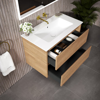 GSI Pura Bevel Double Drawer Vanity Unit With Ceramic Basin - Oak 800mm