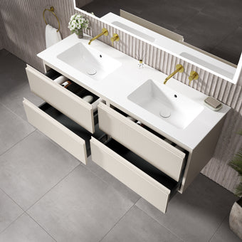 GSI Pura Ribbed Four Drawer Vanity Unit With Ceramic Double Basin - Cashmere 1400mm