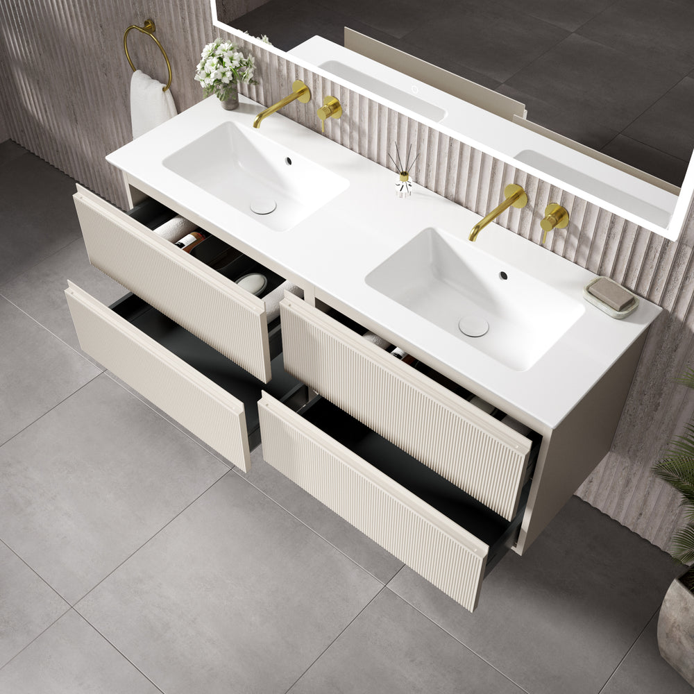 GSI Pura Ribbed Four Drawer Vanity Unit With Ceramic Double Basin - Cashmere (Oatmeal) 1400mm