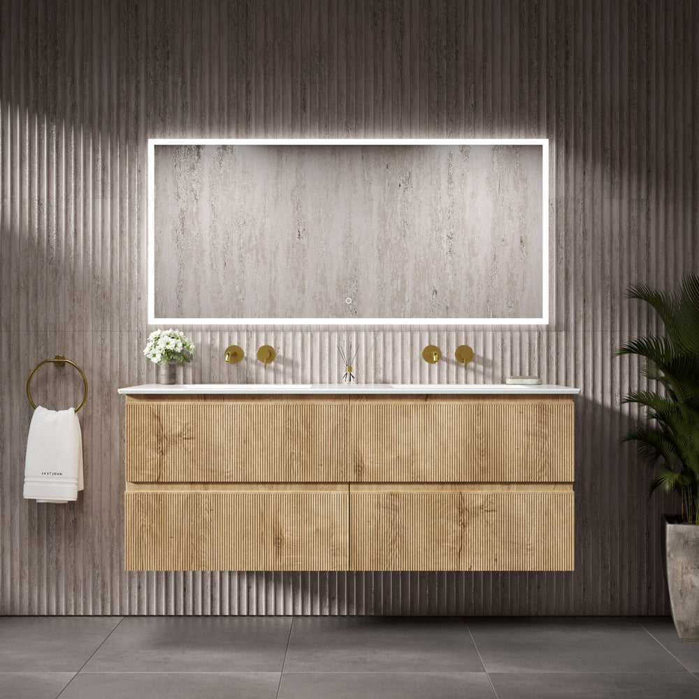 GSI Pura Ribbed Four Drawer Vanity Unit With Ceramic Double Basin - Oak 1400mm