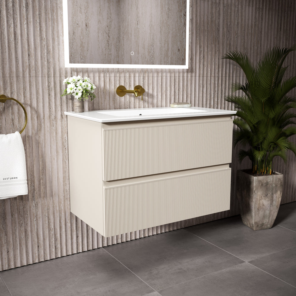 GSI Pura Ribbed Double Drawer Vanity Unit With Ceramic Basin - Cashmere 800mm