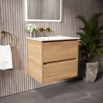 GSI Pura Bevel Double Drawer Vanity Unit With Ceramic Basin - Oak 600mm