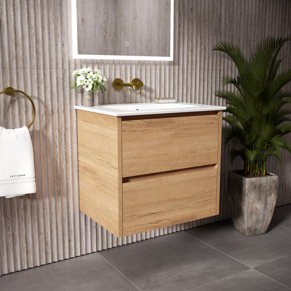GSI Pura Bevel Double Drawer Vanity Unit With Ceramic Basin - Oak 600mm