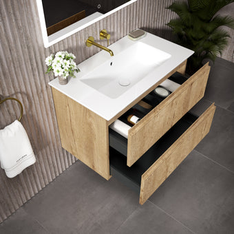 GSI Pura Ribbed Double Drawer Vanity Unit With Ceramic Basin - Oak 800mm