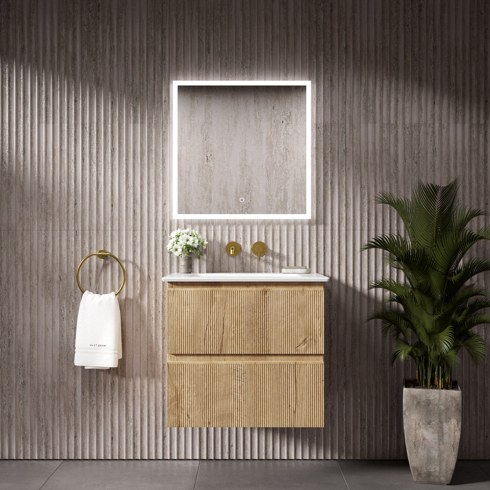 GSI Pura Ribbed Double Drawer Vanity Unit With Ceramic Basin - Oak 600mm