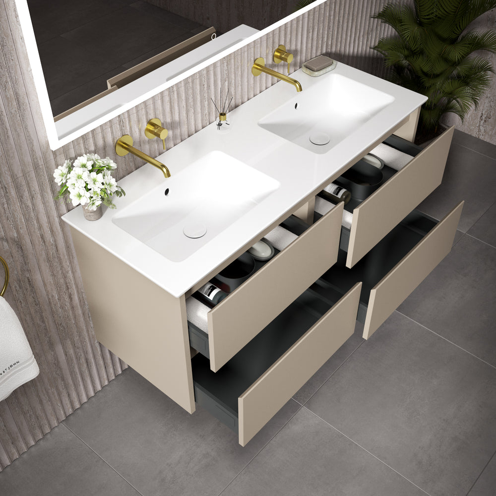 GSI Pura Bevel Four Drawer Vanity Unit With Ceramic Double Basin - Matt Pebble 1200mm