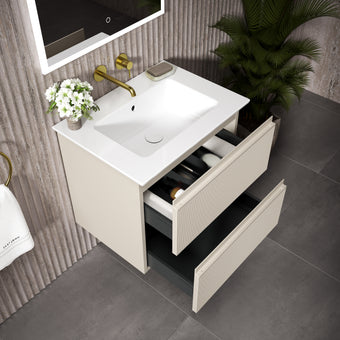 GSI Pura Ribbed Double Drawer Vanity Unit With Ceramic Basin - Cashmere (Oatmeal) 600mm