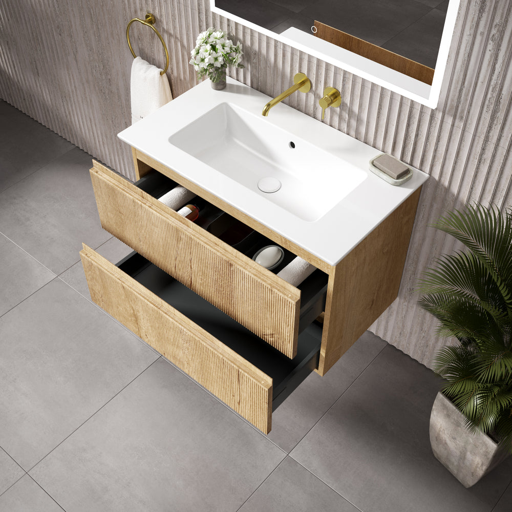 GSI Pura Ribbed Double Drawer Vanity Unit With Ceramic Basin - Oak 800mm