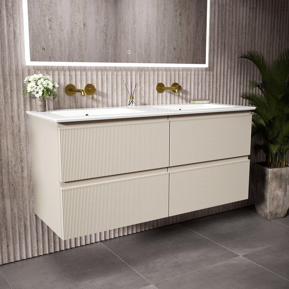 GSI Pura Ribbed Four Drawer Vanity Unit With Ceramic Double Basin - Cashmere 1200mm