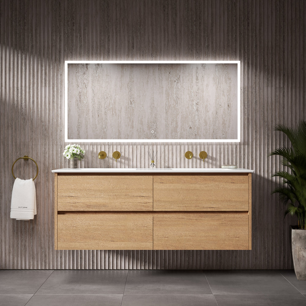 GSI Pura Bevel Four Drawer Vanity Unit With Ceramic Double Basin - Oak (Pacific Walnut) 1400mm