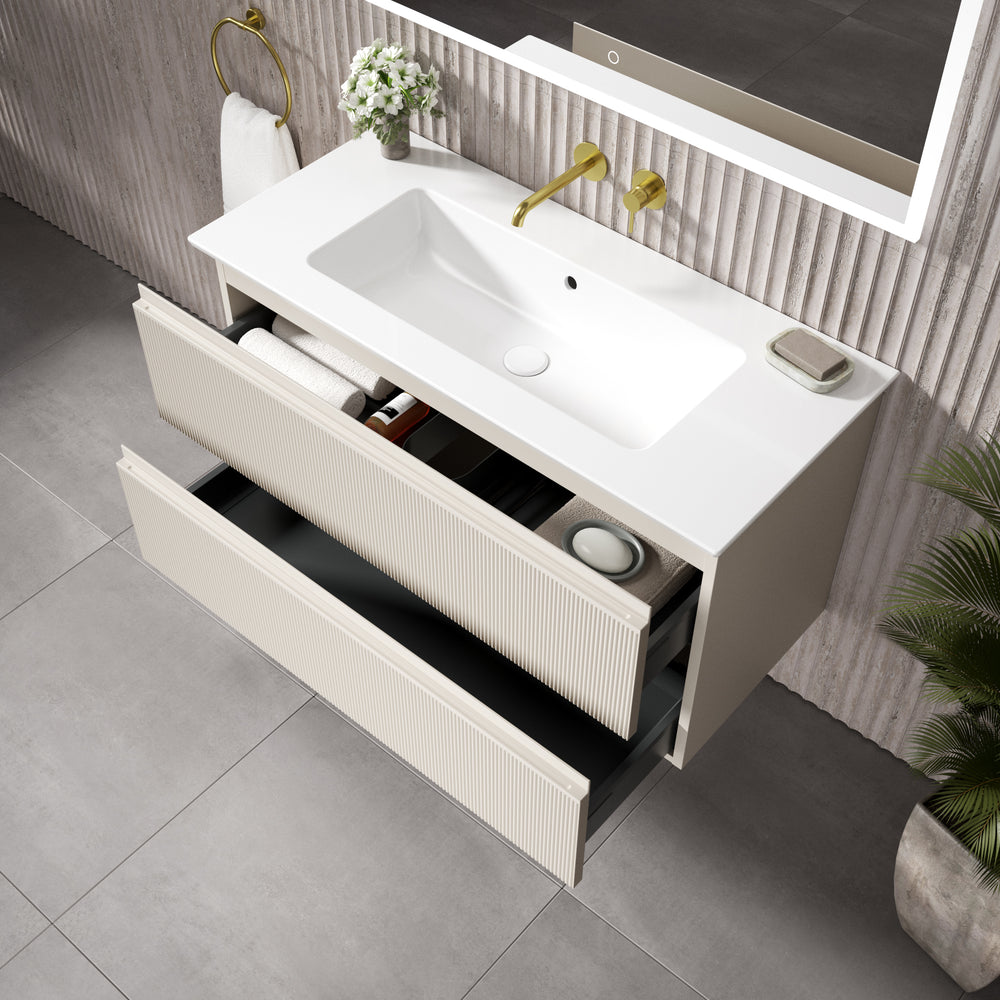 GSI Pura Ribbed Double Drawer Vanity Unit With Ceramic Basin - Cashmere 1000mm