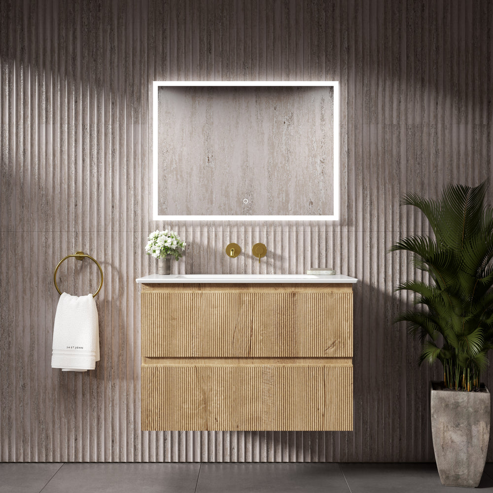 GSI Pura Ribbed Double Drawer Vanity Unit With Ceramic Basin - Oak 800mm