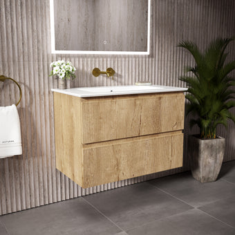GSI Pura Ribbed Double Drawer Vanity Unit With Ceramic Basin - Oak 800mm