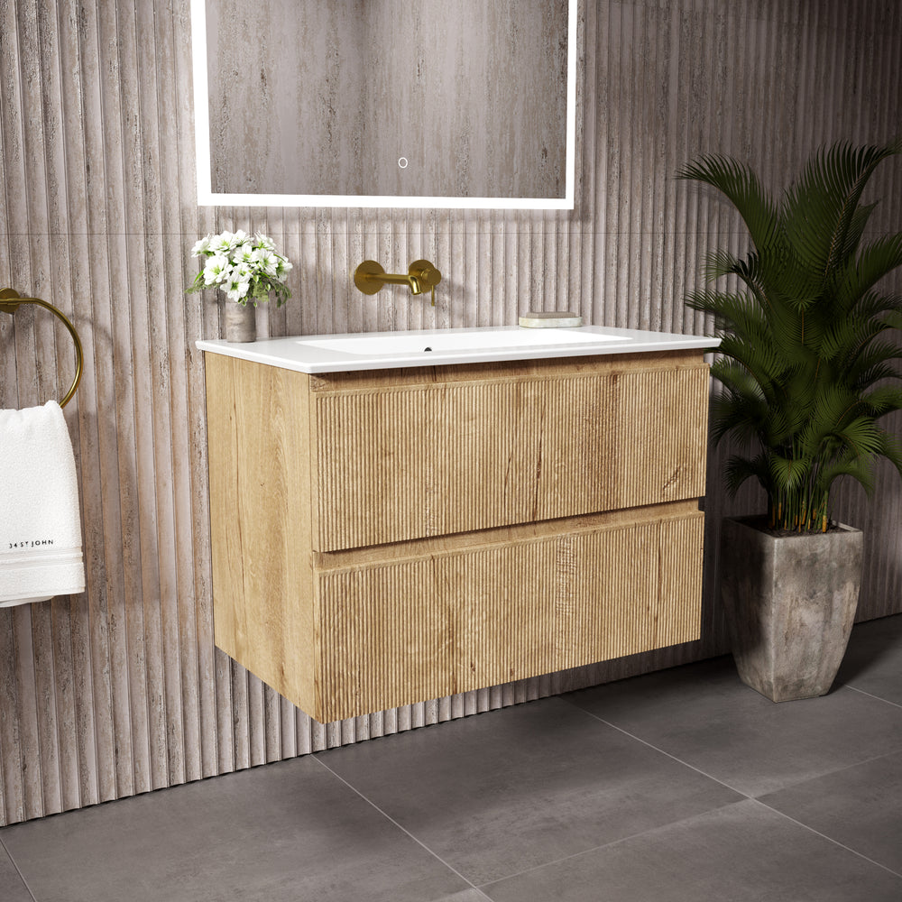 GSI Pura Ribbed Double Drawer Vanity Unit With Ceramic Basin - Oak 800mm