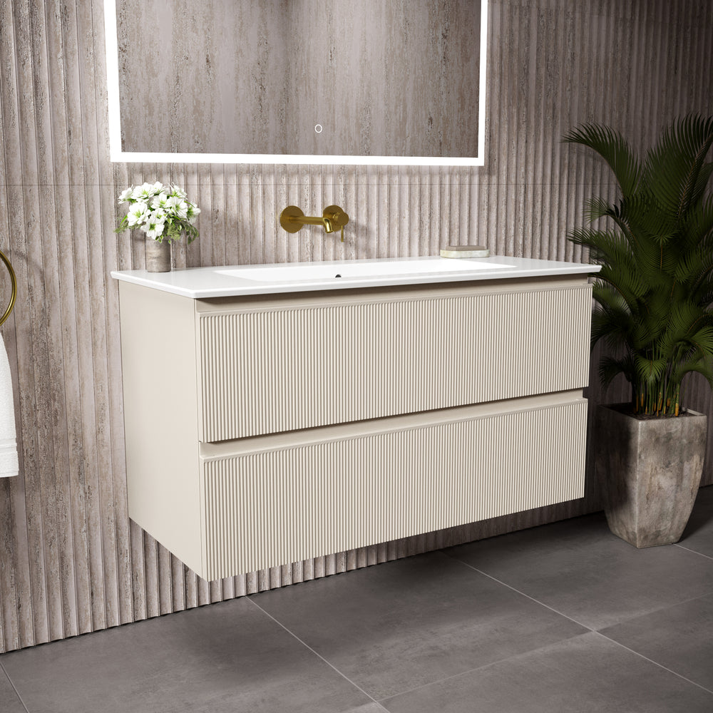 GSI Pura Ribbed Double Drawer Vanity Unit With Ceramic Basin - Cashmere 1000mm